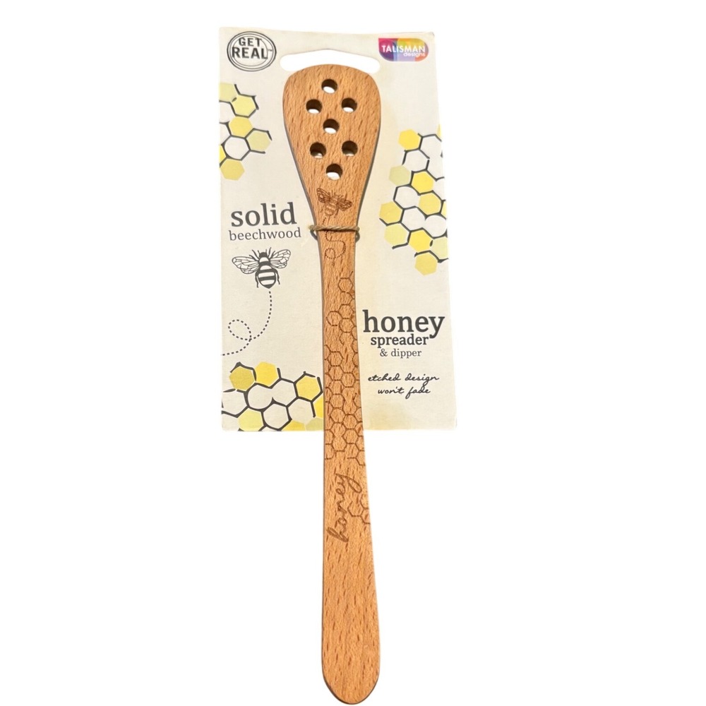 Beechwood Honey Spreader and‎ Dipper Wooden Spoon with Etched Bee and Honeycomb